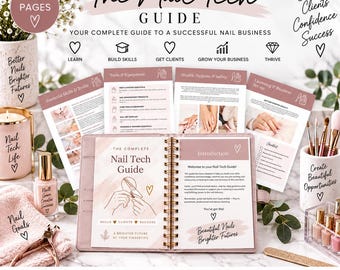 May include: A 50-page Nail Tech Guide spiral-bound planner with blush pink covers. The pages feature instructional text, checklists, and illustrations for building a nail business. Includes sections on skills, equipment, hygiene, and licensing.