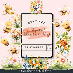 May include: A digital sticker pack with 35 stickers featuring cute bees, flowers, and honeycombs. The text "Busy Bee Digital Sticker Pack" and "35 Stickers" is on a pink background.