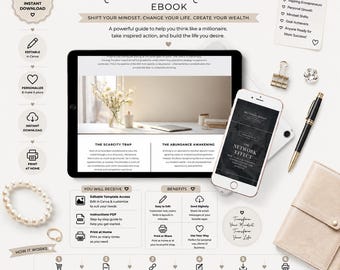 May include: A digital product display featuring a tablet and smartphone showing the Millionaire Mindset ebook content. Includes a pearl bracelet, a gold ring, a black pen, and a beige notebook. Text includes Millionaire Mindset, The Scarcity Trap, The Abundance Awakening, and The Network Effect.