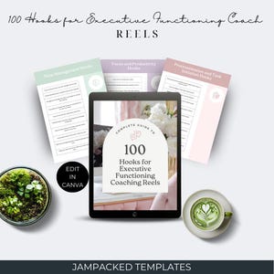 Puede incluir: Una tableta digital que muestra un gráfico rosa y blanco con el texto "Guía completa de 100 ganchos para el coaching de funcionamiento ejecutivo Reels". La tableta está rodeada de tres hojas de papel con los títulos "Ganchos de gestión del tiempo", "Ganchos de enfoque y productividad" y "Ganchos de procrastinación e iniciación de tareas".