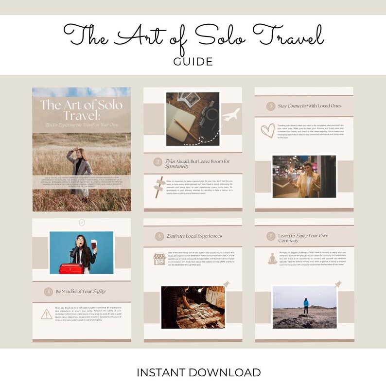May include: A digital guide titled The Art of Solo Travel featuring multiple pages with travel advice, photography, and icons. The layout includes sections on planning, safety, staying connected, local experiences, and enjoying solitude, all in a neutral color palette.