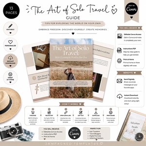 May include: A 13-page digital travel guide template titled The Art of Solo Travel, featuring editable Canva layouts, instructional text, and icons for planning, printing, and digital sharing, displayed with a straw hat and camera.