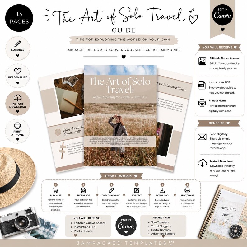 May include: A 13-page digital travel guide template titled The Art of Solo Travel, featuring editable Canva layouts, instructional text, and icons for planning, printing, and digital sharing, displayed with a straw hat and camera.