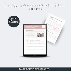 Puede incluir: Una tableta digital que muestra una hoja de trabajo imprimible titulada "Identificar obstáculos y resolución de problemas". La hoja de trabajo incluye secciones para identificar obstáculos y desarrollar una estrategia de resolución de problemas. La hoja de trabajo está diseñada para ser editada en Canva.