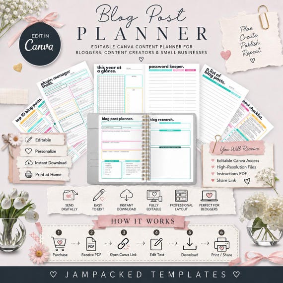 Editable Canva Blog Planner Template | Content Calendar, SEO Tracker (Digital Download)