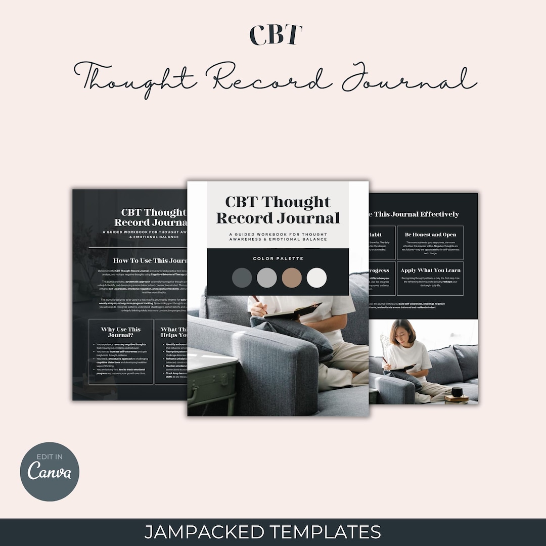CBT Thought Record Journal, Anxiety & Mental Health (canva PDF Template ...