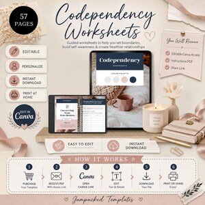 May include: A digital product set featuring 57 pages of Codependency Worksheets. Includes a tablet displaying worksheet pages, a candle labeled Focus Grow Heal, a notebook, and a pen. Text includes You Will Receive, Editable, and How It Works.