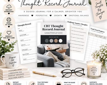 Diario de registro de pensamientos para la terapia cognitivo-conductual, ansiedad y salud mental (plantilla PDF de Canva)