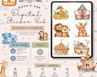 Adesivi digitali dell'Arca di Noè/Adesivi per pianificatore di animali carini/Adesivi per diario biblico con acquerello/Scrapbooking digitale PNG/Adesivi Goodnotes