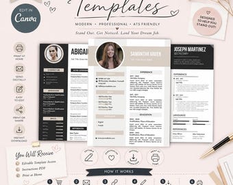 May include: A collection of three CV templates featuring black, white, and beige colour schemes with placeholder text, contact sections, and professional headshots. The layout includes icons for editing, printing, and digital sharing instructions.