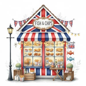 Könnte beinhalten: Aquarell-Illustration eines britischen Fish-and-Chips-Ladens. Das Geschäft hat ein rot-weiß-blaues Farbschema mit Union-Jack-Design. Das Ladenschild lautet "Fish & Chips". Das Geschäft hat eine gestreifte Markise und Lichterketten.