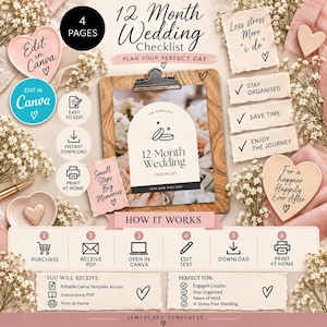 May include: A 12-month wedding checklist template featuring 4 pages, editable in Canva. The design includes a clipboard, heart-shaped accents, and text such as 'Less stress More I do', 'Small Steps Big Memories', and 'For a happier Happily Ever After'.
