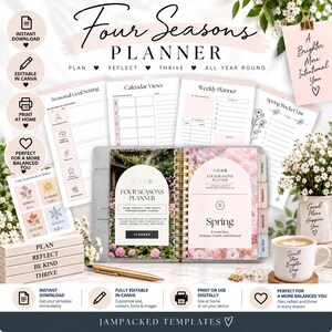 Pode incluir: Um conjunto de modelos digitais Four Seasons Planner com uma agenda de espiral, vários layouts de página para objetivos sazonais, planejadores semanais e listas, juntamente com uma caneta dourada e uma caneca com o texto Small Steps Brighter Days.