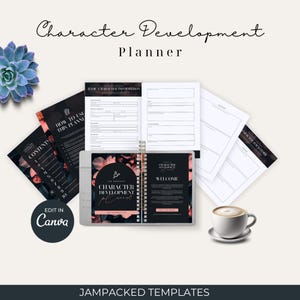 May include: A black and pink character development planner with a floral design. The planner includes sections for basic character information, character traits, and a welcome page. The planner is designed to help writers develop their characters.