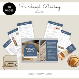 May include: A printable sourdough baking journal with 20 pages. The journal includes sections for starter log, baking schedule, recipe pages, and tasting notes. The cover features a rustic loaf of bread and the text "Sourdough Baking Journal".