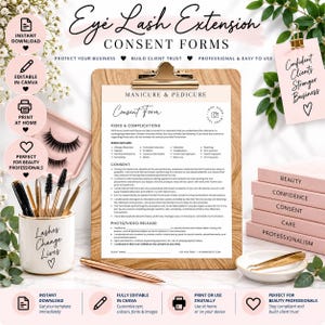 May include: A wooden clipboard holding a Manicure & Pedicure Consent Form with black text, accompanied by a white ceramic cup labeled Lashes Change Lives, a rose gold pen, a stack of pink books, and a small dish with gold tweezers.