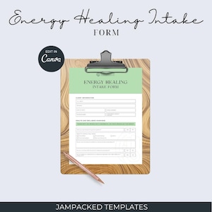 May include: A green and white printable energy healing intake form on a clipboard with a wooden background. The form includes sections for client information and health and wellness overview.