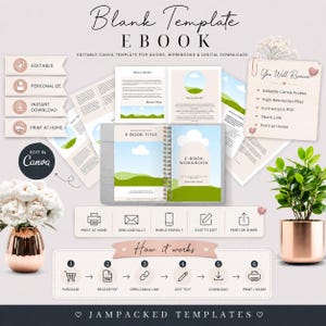 May include: A digital ebook template set featuring editable Canva layouts for guides and workbooks. The design includes soft landscape illustrations, instructional text, and a step-by-step guide on how to use the files. The layout is presented with icons for printing, digital sharing, and mobile compatibility on a light background.