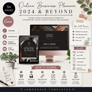 May include: An online business planner template for 2024 and beyond, featuring 54 pages, editable in Canva. The display shows a computer monitor and tablet with a black interface, text, and icons. Includes instructions for purchase, editing, and printing.