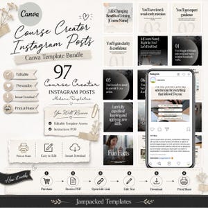 May include: A Canva template bundle for course creators featuring 97 Instagram posts. The display includes various text-based slide designs, a smartphone mockup showing an Instagram feed, and a step-by-step guide labeled How it works with icons.