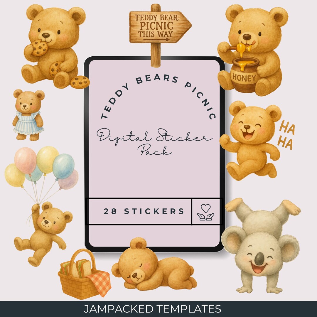Teddy Bear Digital Stickers Picnic Planner Set Goodnotes Pngs Kids ...