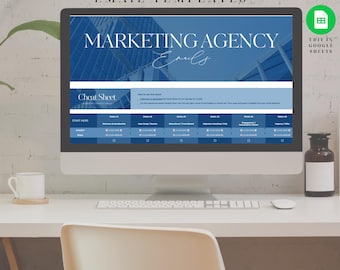 May include: A computer monitor displays a "Marketing Agency Email Templates" design. The screen shows a blue and white email template with the words "Marketing Agency Emails" and "Cheat Sheet". A white cup and a bottle are on the desk.