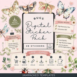 May include: A digital sticker pack featuring 28 watercolor bugs and botanical illustrations. The central panel displays the text BUGS Digital Sticker Pack, surrounded by various butterflies, a dragonfly, and a ladybug on a light pink background.