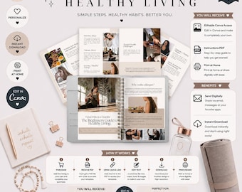 May include: A digital guide titled The Beginners Guide to Healthy Living featuring editable Canva templates, layout pages with wellness imagery, a notebook with the text inhale exhale repeat, a water bottle, and a rolled yoga mat on a light background.