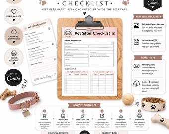 May include: A Pet Sitter Checklist template on a wooden clipboard, featuring sections for owner information, daily routines, and feeding schedules. The design includes paw print icons, a pink collar, a tennis ball, and a food bowl with kibble.