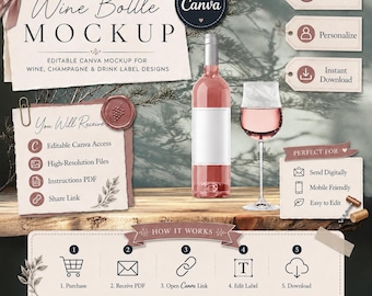 Maquetas de botellas de vino/Maquetas de botellas de champán/Creador de escenas de Canva/Etiquetas editables/Imágenes para listados de productos/Descarga digital