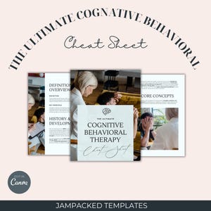 May include: A digital document titled "The Ultimate Cognitive Behavioral Cheat Sheet" with a brain icon. The document is displayed with other pages showing definitions, history, and core concepts. The background is a light pink colour.