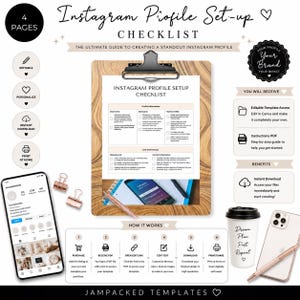 Pode incluir: Um modelo de lista de verificação para a configuração de um perfil do Instagram com quatro páginas de instruções. O documento inclui seções sobre informações de perfil, links e conteúdo, e um guia passo a passo para editar e baixar.