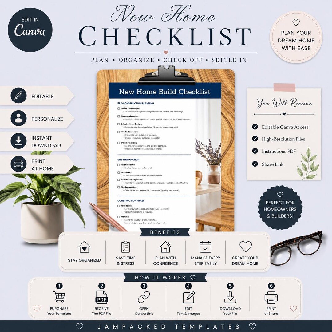 New Home Build Checklist | PDF + Editable Canva Template | House ...