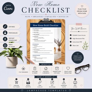 May include: A digital New Home Checklist template displayed on a clipboard, featuring sections for pre-construction planning, site preparation, and construction phase. Includes icons for organisation, a rose gold pen, a potted plant, and glasses.