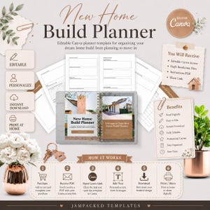 May include: A New Home Build Planner template for Canva featuring a spiral-bound planner with house imagery, text sections for planning, and instructional graphics. Includes icons for editing, downloading, and printing, plus a house-shaped keychain.