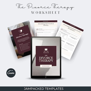 Könnte beinhalten: Ein digitaler Tablet-PC und Arbeitsblätter mit dem Text "The Divorce Therapy Worksheet". Das Tablet zeigt ein weinrotes Quadrat mit dem Text "The Divorce Therapy Worksheet". Die Arbeitsblätter enthalten Titel wie "Rebuilding Self-Worth & Identity" und "Processing Emotional Grief & Acceptance."