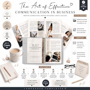 May include: A digital business communication guide template set featuring a spiral-bound workbook, a coffee mug with the text plan communicate succeed, a notebook, a pen, and glasses. Includes instructional icons, text blocks, and Canva editing details.