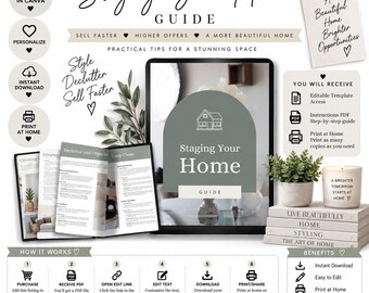 Peut inclure: Un modèle de guide de mise en scène immobilière numérique avec une tablette affichant le titre Staging Your Home, des pages ouvertes, une pile de livres, une petite plante en pot et une bougie avec le texte A Brighter Tomorrow Starts at Home.