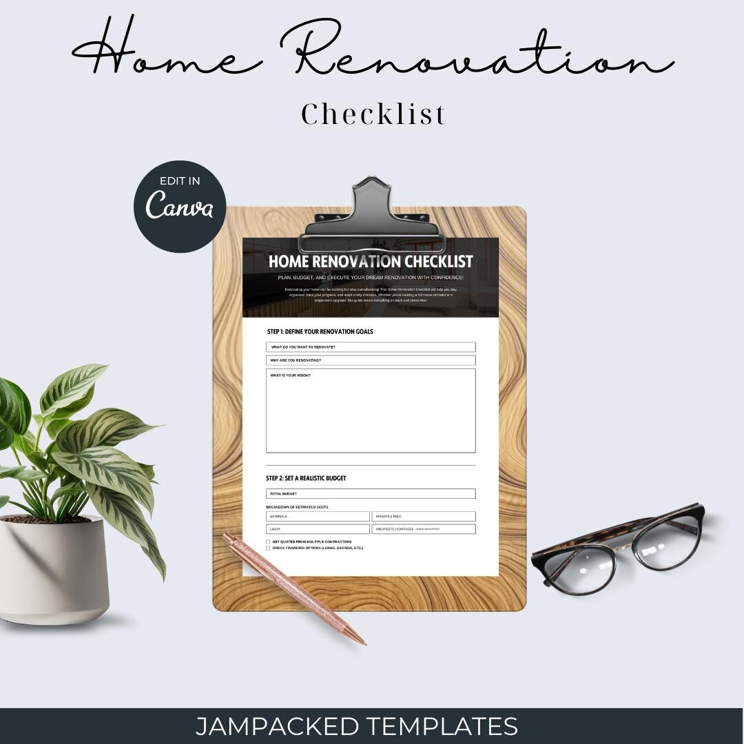 Home Renovation Checklist | 3-page DIY Planner (canva & PDF) - Etsy