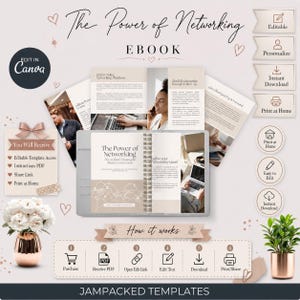 Op de afbeelding: Een bewerkbaar digitaal e-book sjabloon getiteld The Power of Networking, met beige en witte pagina's met tekst, een spiraalbinding en iconen. Bevat secties voor Canva-bewerking, directe download en instructies voor het afdrukken.