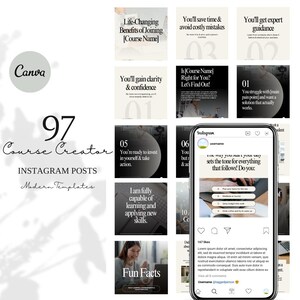 Puede incluir: Un collage de 97 plantillas de publicaciones de Instagram para creadores de cursos. Las plantillas presentan un diseño moderno con fondos en blanco y negro y texto que destaca los beneficios de unirse a un curso. El texto incluye frases como "Beneficios que cambian la vida de unirse a [Nombre del curso]" y "Ganarás claridad y confianza".