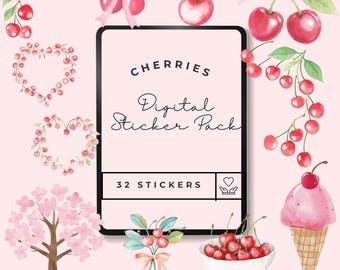 Cherry Digital Stickers | Precropped PNG for GoodNotes & Canva | Fruit Themed Planner Stickers | Instant Download | Cute Aesthetic