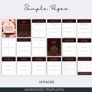 May include: A collection of 19 printable journal pages for a six-month menopause journey. The pages feature white backgrounds with black text, grid layouts, and headers including Daily Journal Prompt, Weekly Check-ins, and Symptom Tracker.