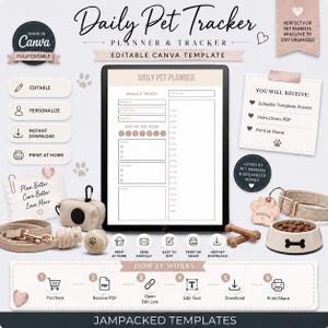 Puede incluir: Una plantilla digital de planificador diario para mascotas en una pantalla de tableta, rodeada de iconos y texto que detallan funciones editables, una correa beige, una pelota con huella, un cuenco y una placa con Good Dog.