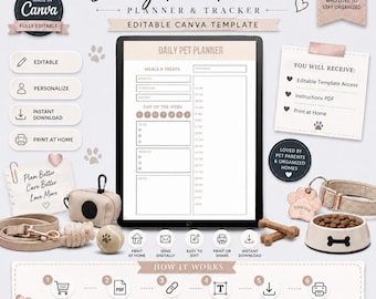 Daily Pet Planner Printable Pet Care Tracker Editable Canva Pet Schedule Log for Feeding Walks Meds Potty Pet Routine Sheet