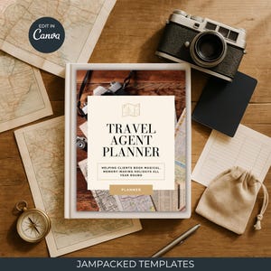 May include: A travel agent planner with the text "TRAVEL AGENT PLANNER" and "HELPING CLIENTS BOOK MAGICAL, MEMORY-MAKING HOLIDAYS ALL YEAR ROUND". The planner is surrounded by maps, a camera, and a compass on a wooden surface.