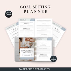 May include: A gray spiral-bound goal-setting planner with open pages displaying structured templates. The cover features the text "Goal Setting Planner" and an image of a person working on a laptop. The planner includes 15 pages.