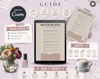 Guía de calcomanías para uñas / Consejos de aplicación, plantilla editable (PDF)