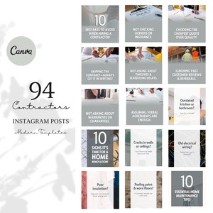 May include: A collage of 16 Instagram post templates for contractors. Each template features a different tip for hiring a contractor, such as "Not asking about warranties or guarantees" and "Choosing the cheapest quote over quality".