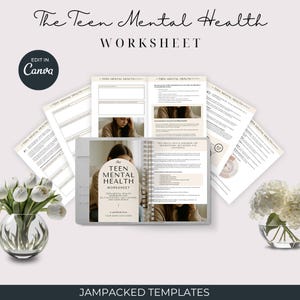 May include: A printable worksheet titled "The Teen Mental Health Worksheet" with a light brown background and a photo of a young woman with her head in her hands. The worksheet is designed to help teens with self-discovery, self-esteem, and confidence.